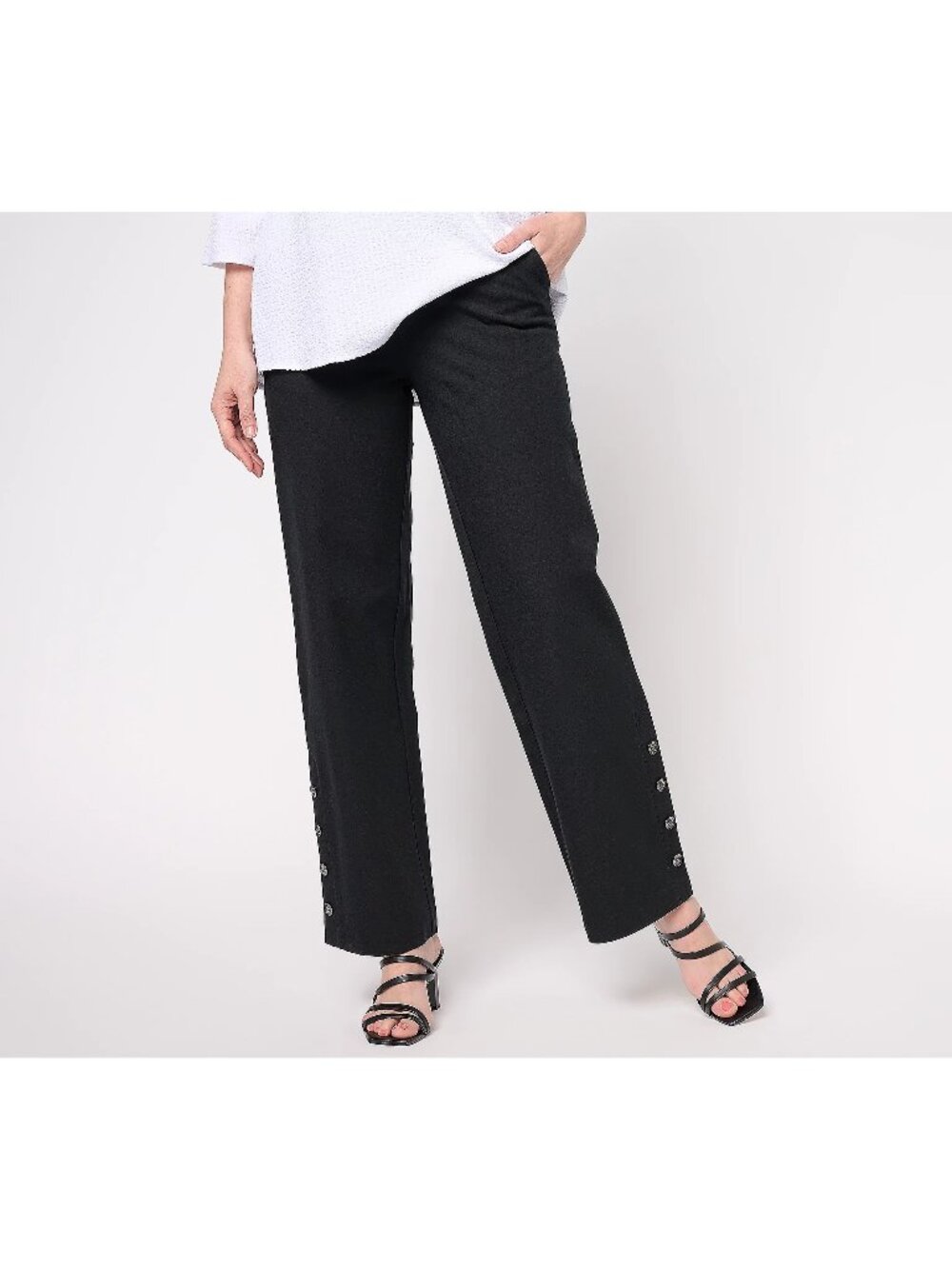 Isaac Mizrahi Live! Pants Size 8 Reg 24/7 Stretch Wide Leg w/ Buttons Black NEW